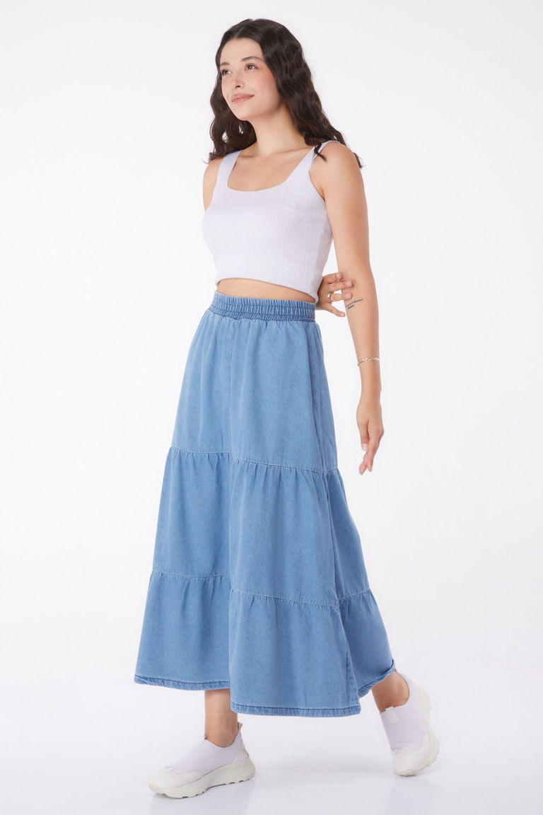 Düz Orta Kadın Buz Mavi İnce Tensel Kot Etek - 25359 - TOFİSA