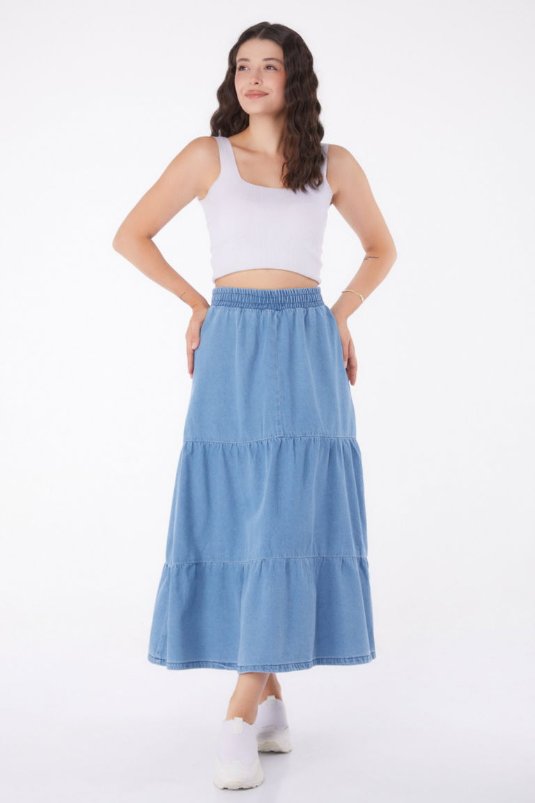 Düz Orta Kadın Buz Mavi İnce Tensel Kot Etek - 25359 - TOFİSA
