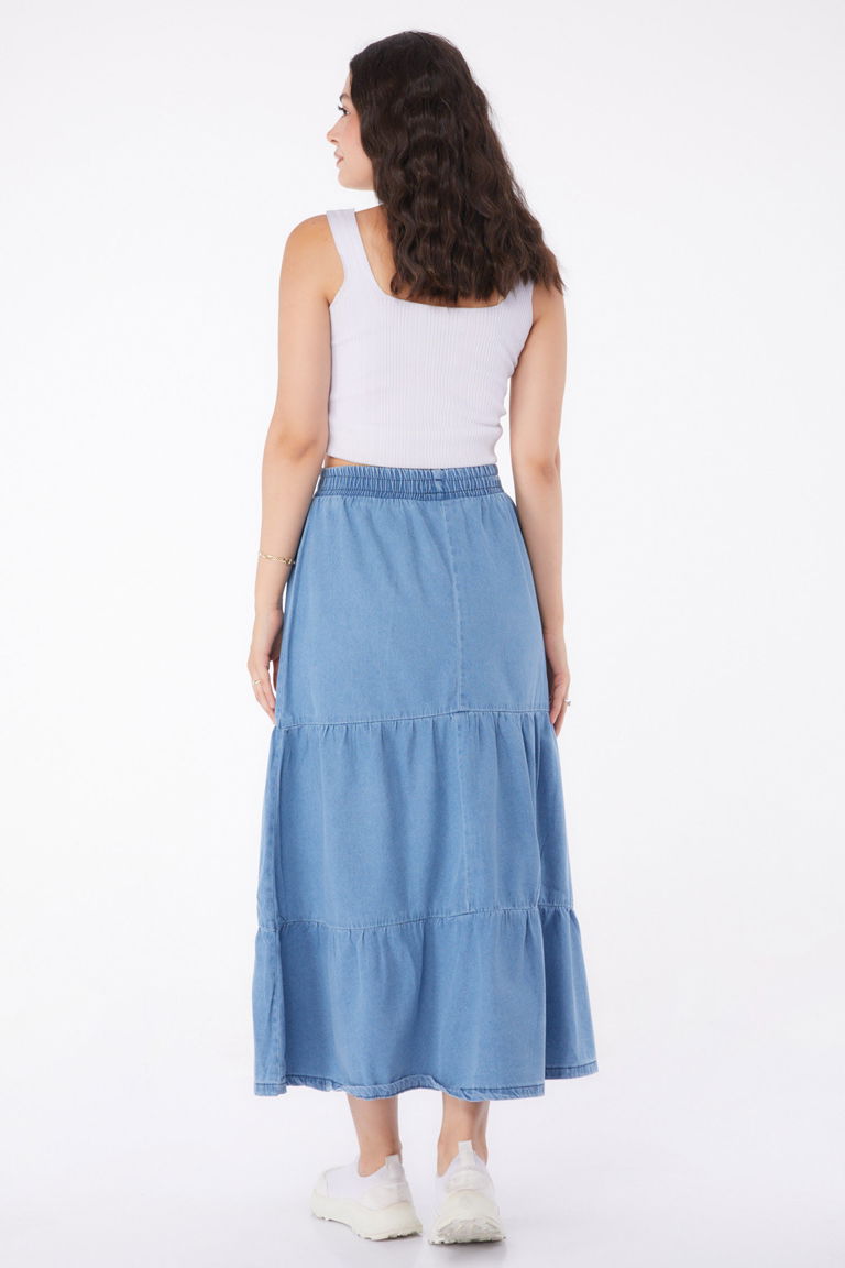 Düz Orta Kadın Buz Mavi İnce Tensel Kot Etek - 25359 - TOFİSA