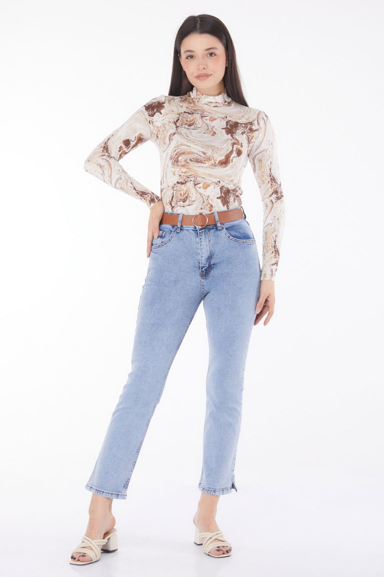 Düz Orta Kadın Buz Mavi Kemerli Kot Pantolon - 25741 - TOFİSA