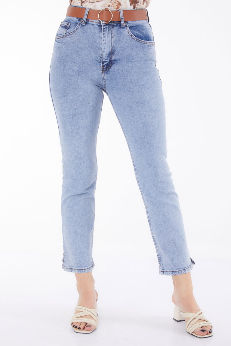 Düz Orta Kadın Buz Mavi Kemerli Kot Pantolon - 25741 - TOFİSA