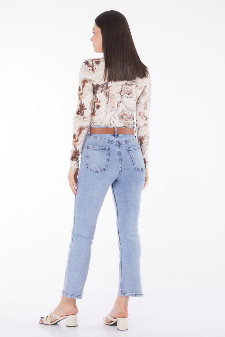 Düz Orta Kadın Buz Mavi Kemerli Kot Pantolon - 25741 - TOFİSA