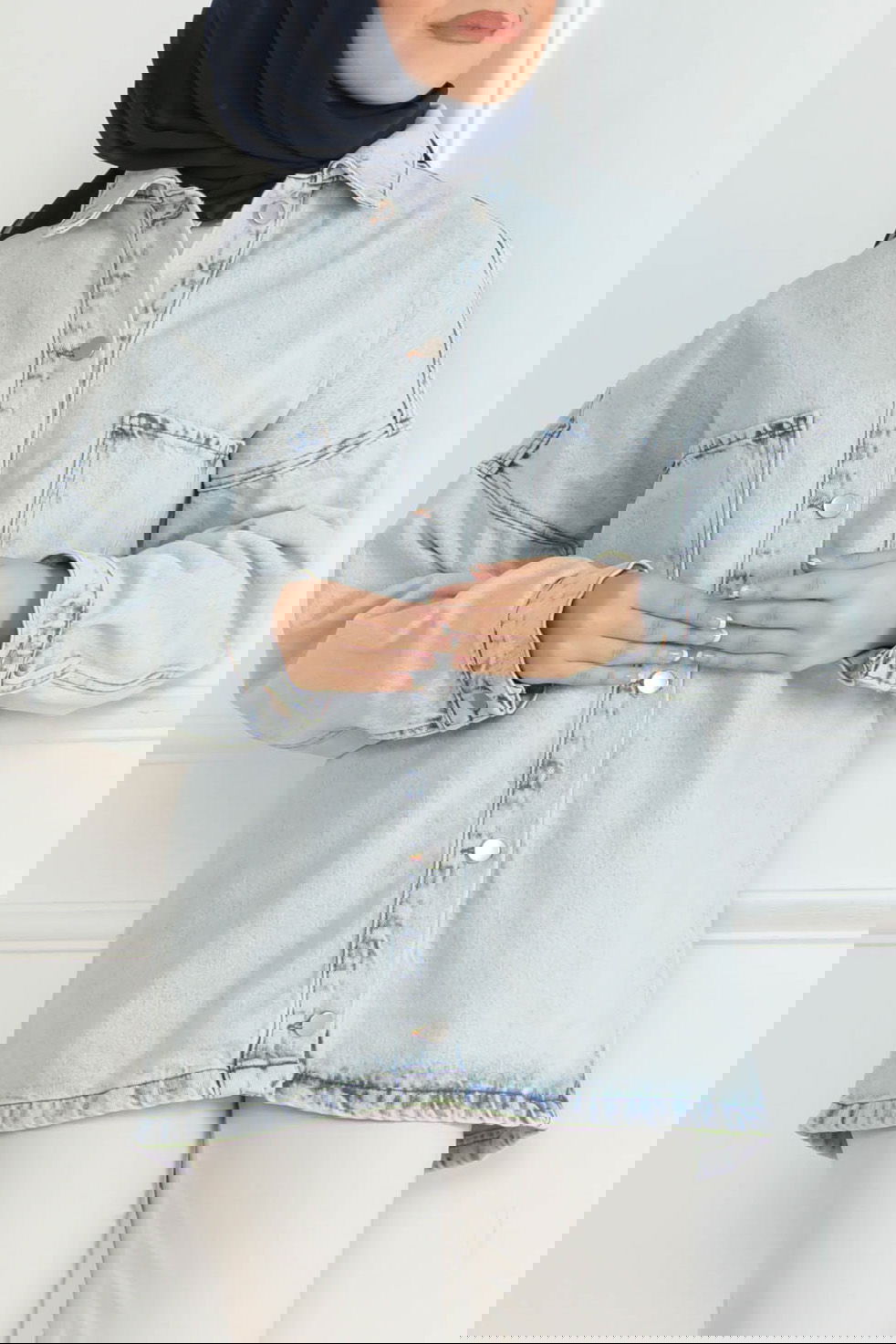 Kadın Oversize Cep Detay Kot Gömlek Ceket Buz Mavi - 26571 - 1
