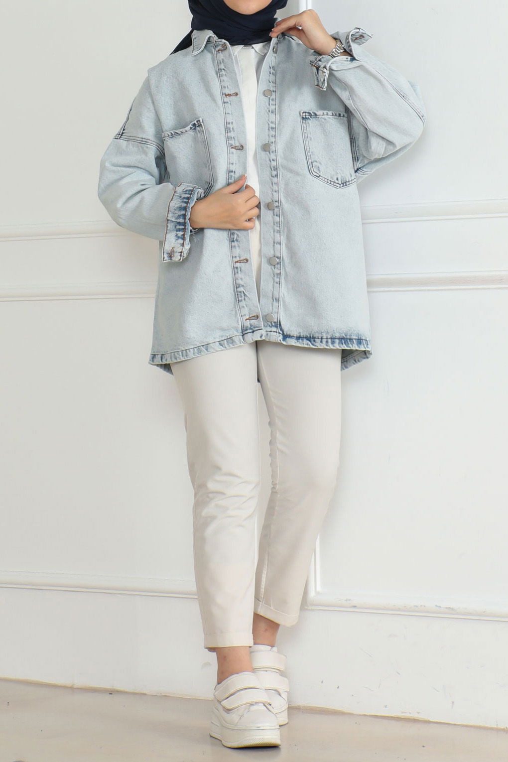 Kadın Oversize Cep Detay Kot Gömlek Ceket Buz Mavi - 26571 - 2