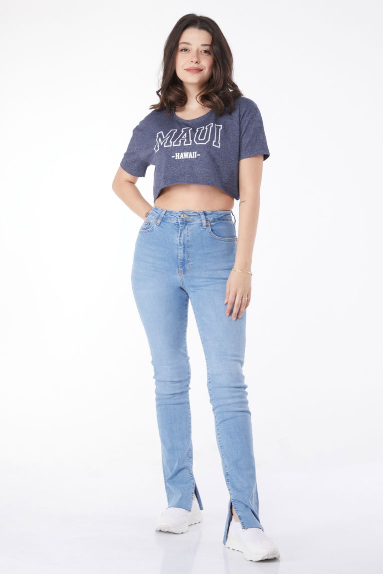 Düz Orta Kadın Buz Mavi Yırtık Paça Kot Pantolon - 25193 - TOFİSA