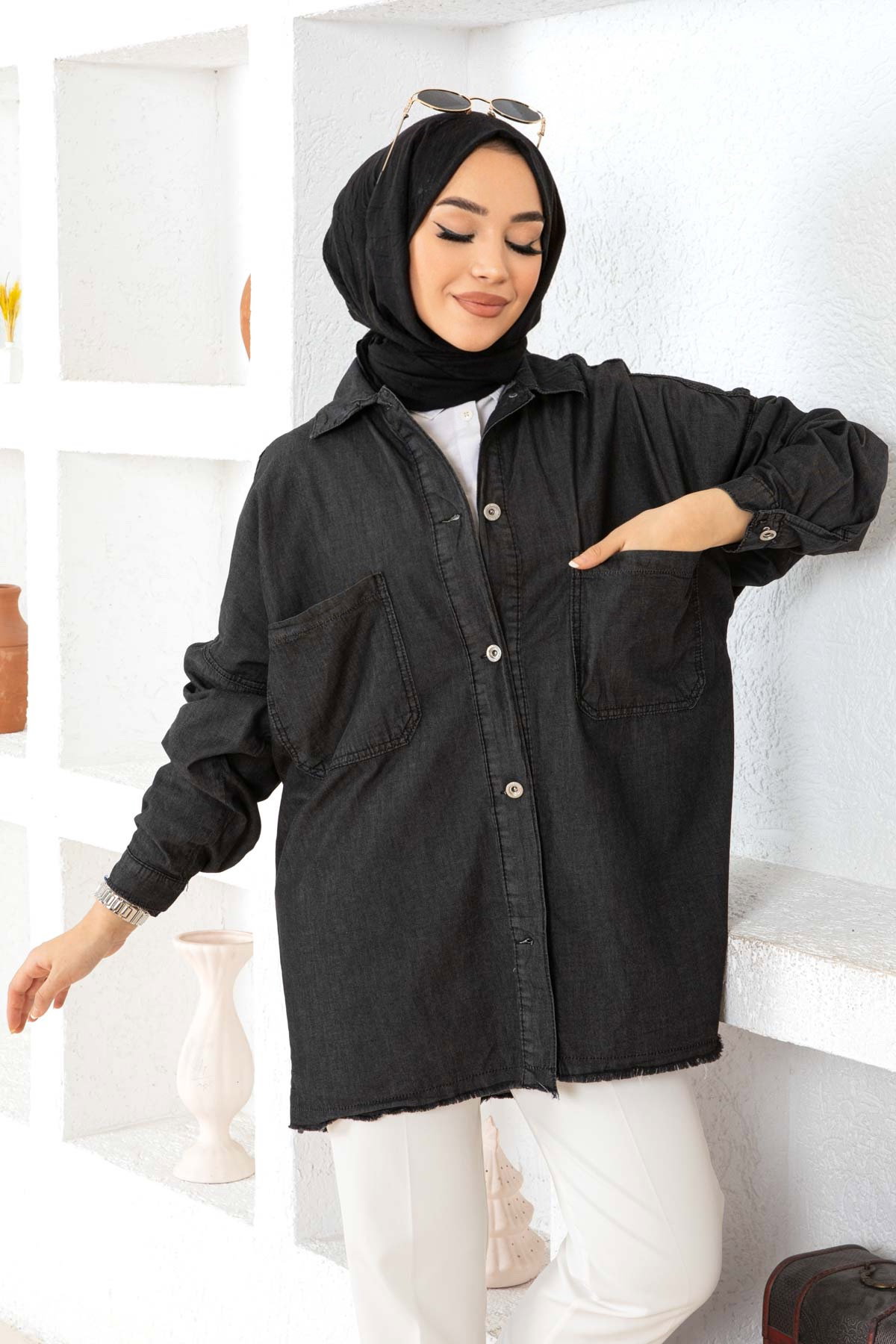Düz Orta Kadın D1 Siyah Cepli Kot Ceket - 26576 - 4