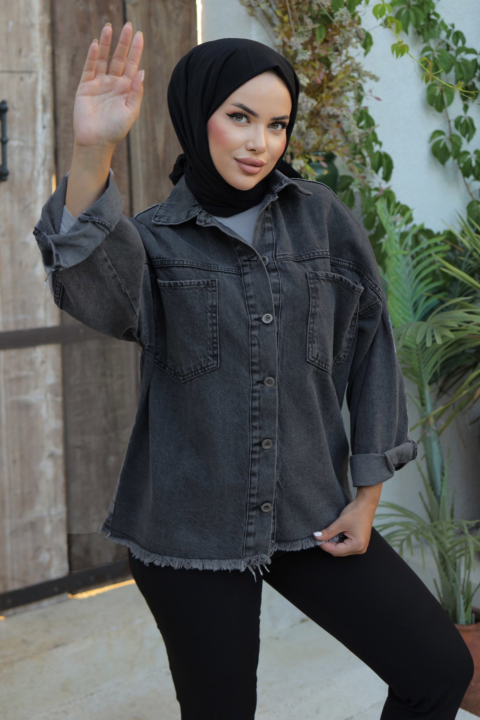 Kadın Oversize Püskül Detay Yaka Cep Kot Ceket D1 Siyah - 26580 - 1