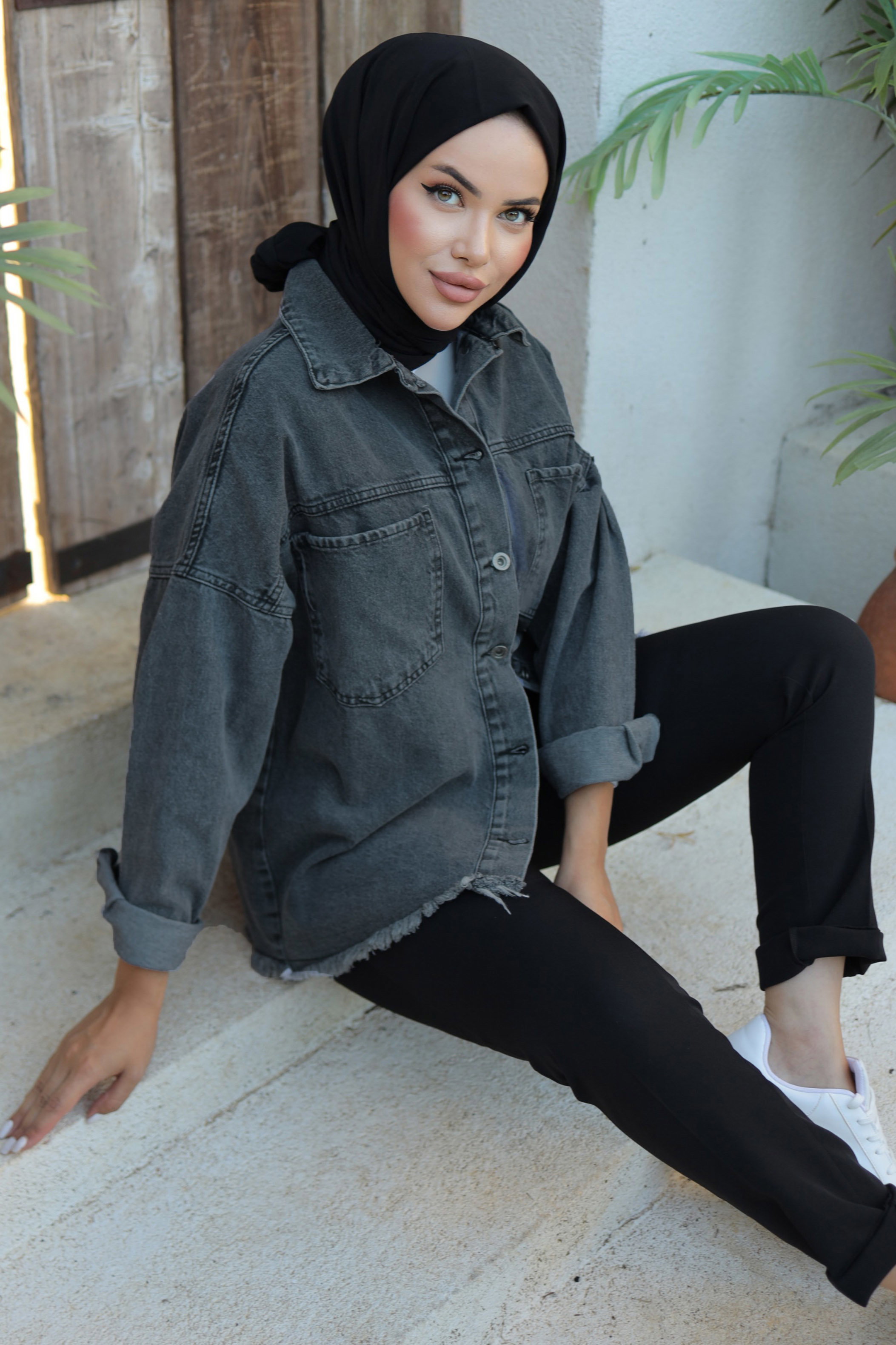 Kadın Oversize Püskül Detay Yaka Cep Kot Ceket D1 Siyah - 26580 - 4