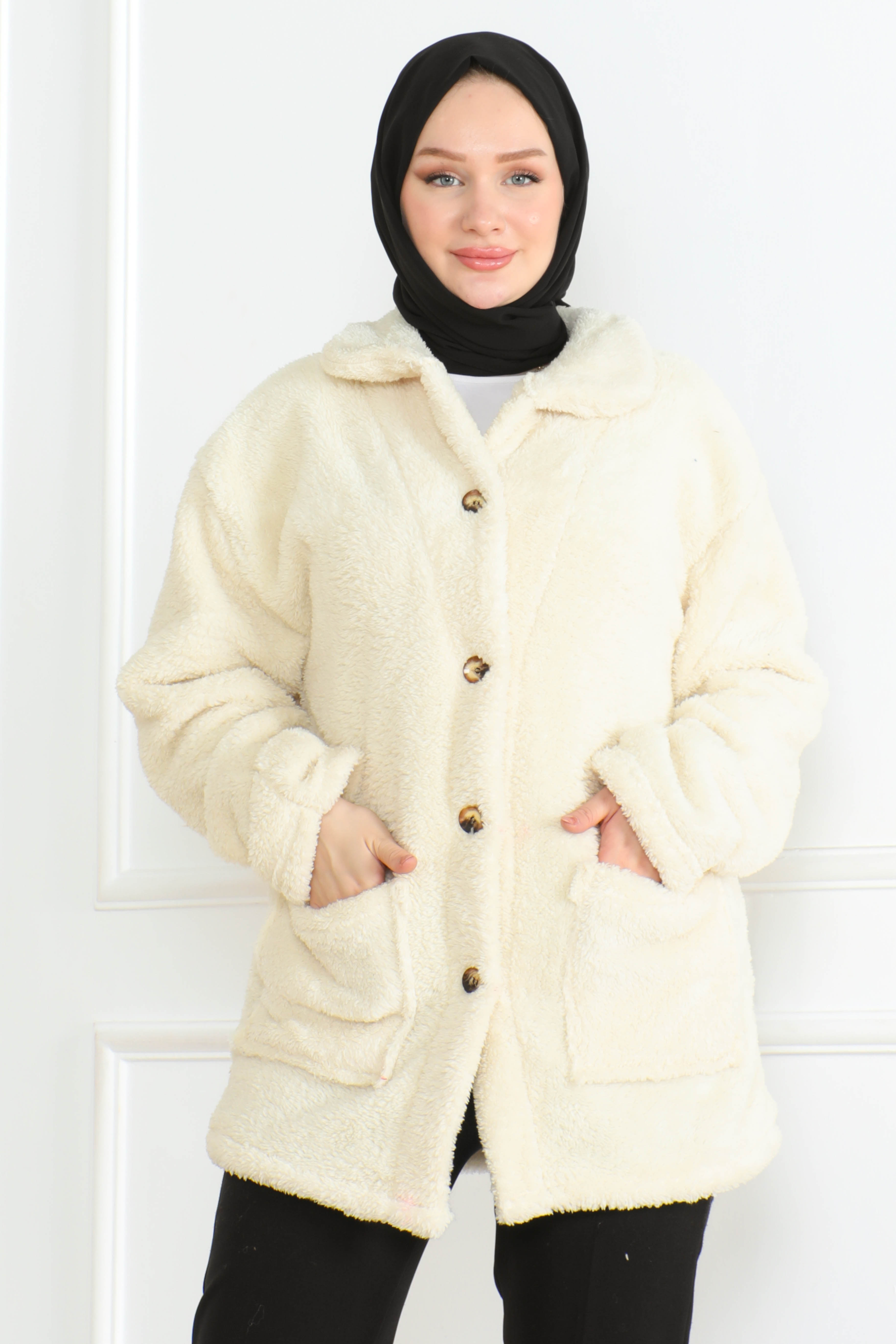 Düz Orta Kadın Ekru Cepli Peluş Mont - 26583 - 1