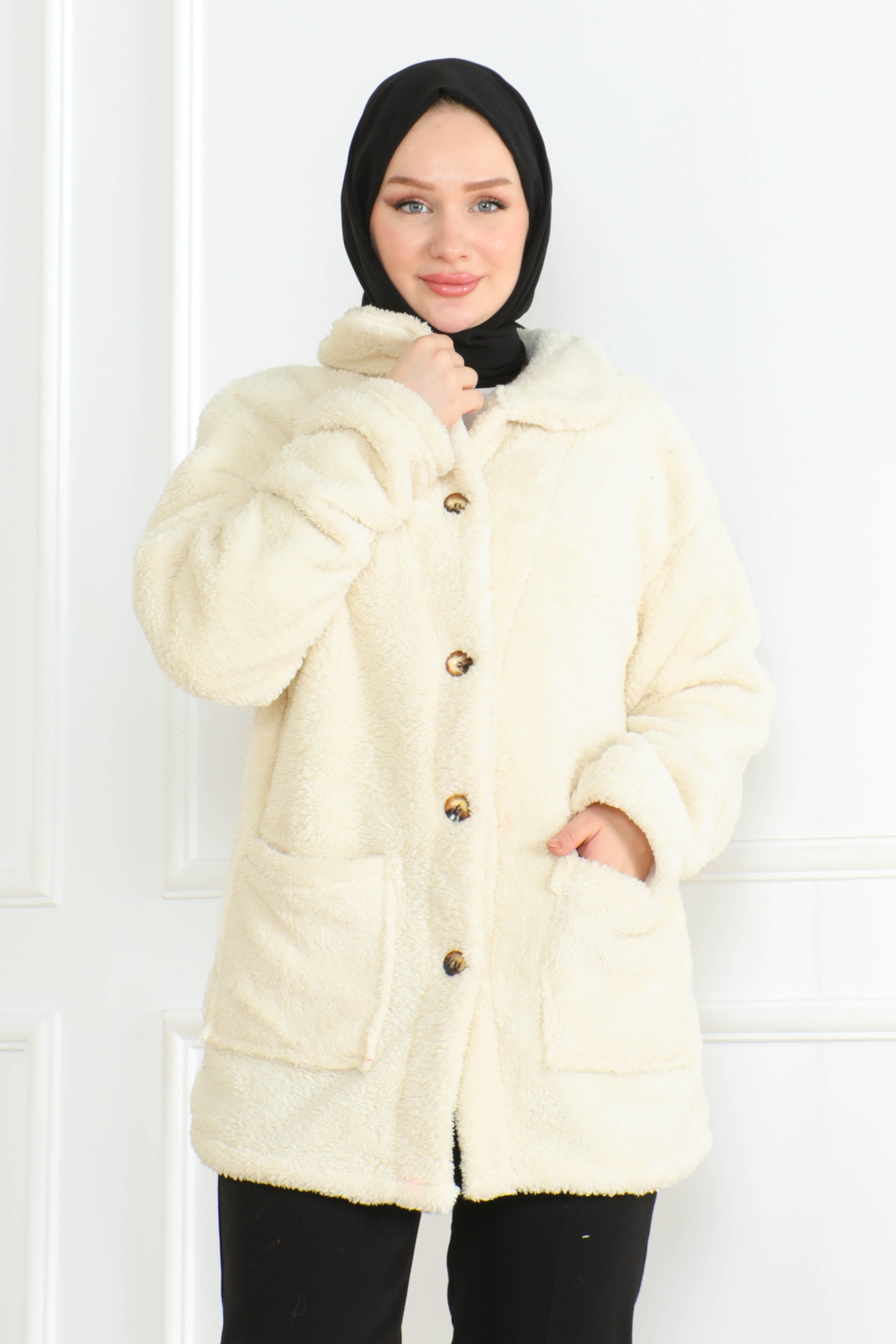 Düz Orta Kadın Ekru Cepli Peluş Mont - 26583 - 4
