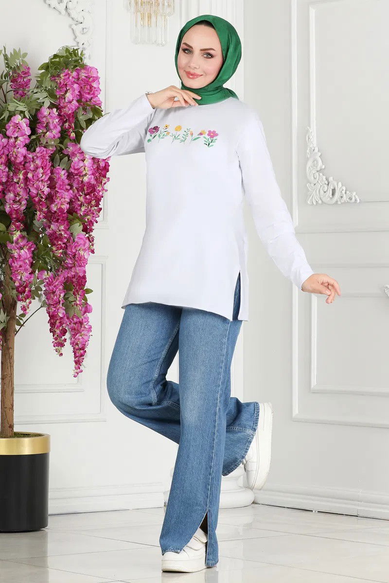 Düz Orta Kadın Ekru Çiçek Baskılı Tunik - 26628 - 3