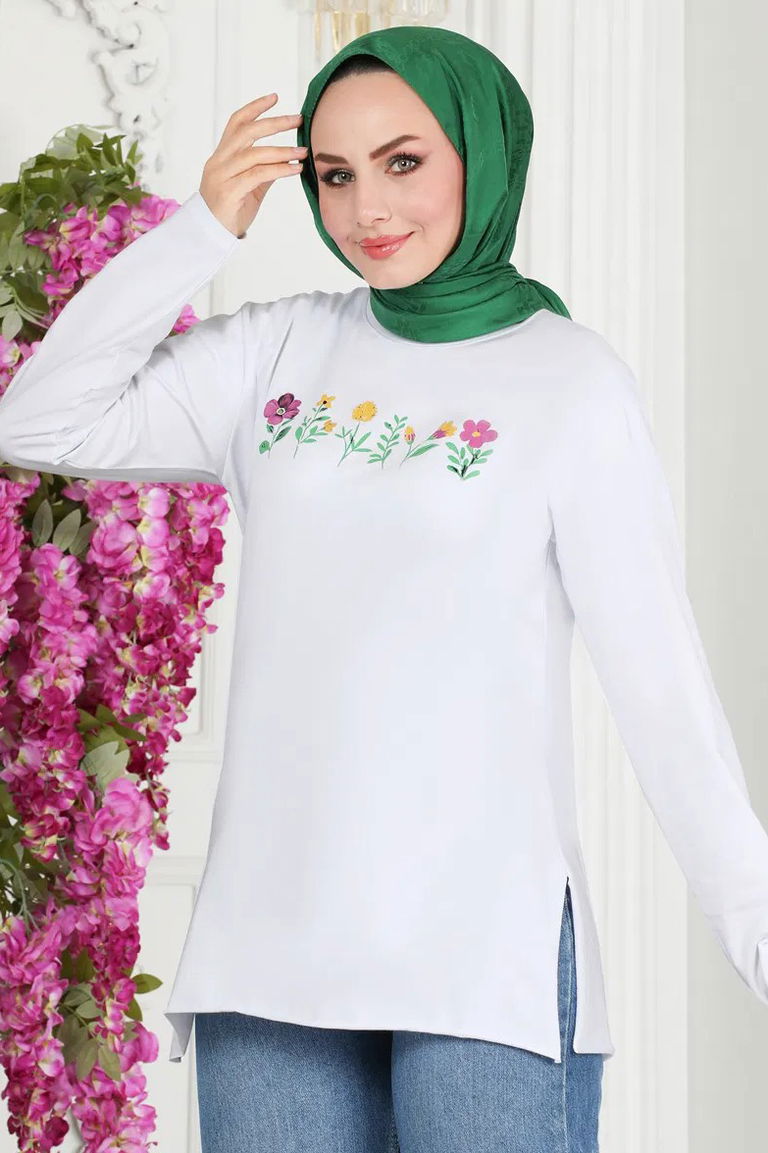 Düz Orta Kadın Ekru Çiçek Baskılı Tunik - 26628 - TOFİSA