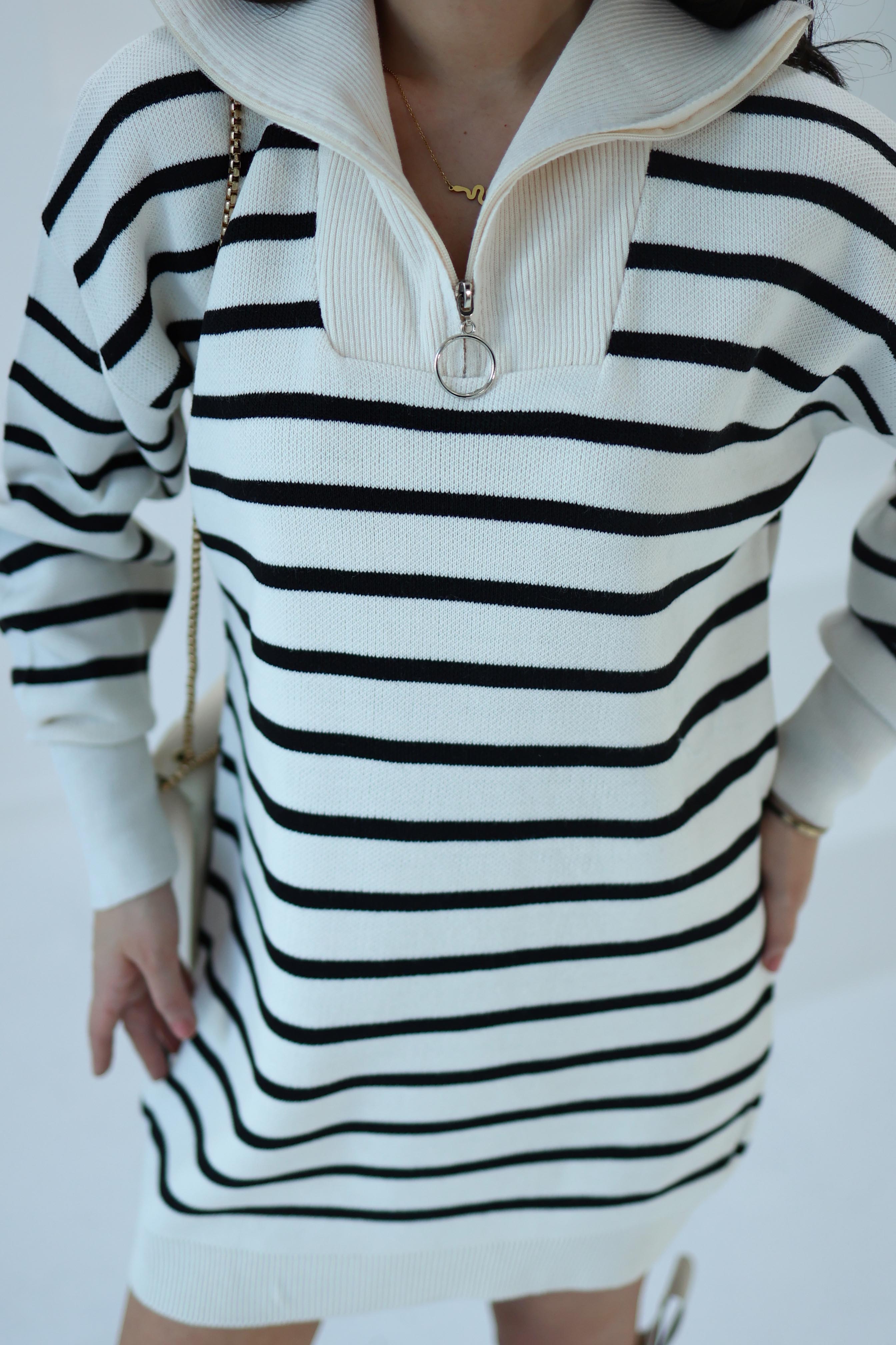 Düz Orta Kadın Ekru Çizgili Triko Tunik - 26533 - 4