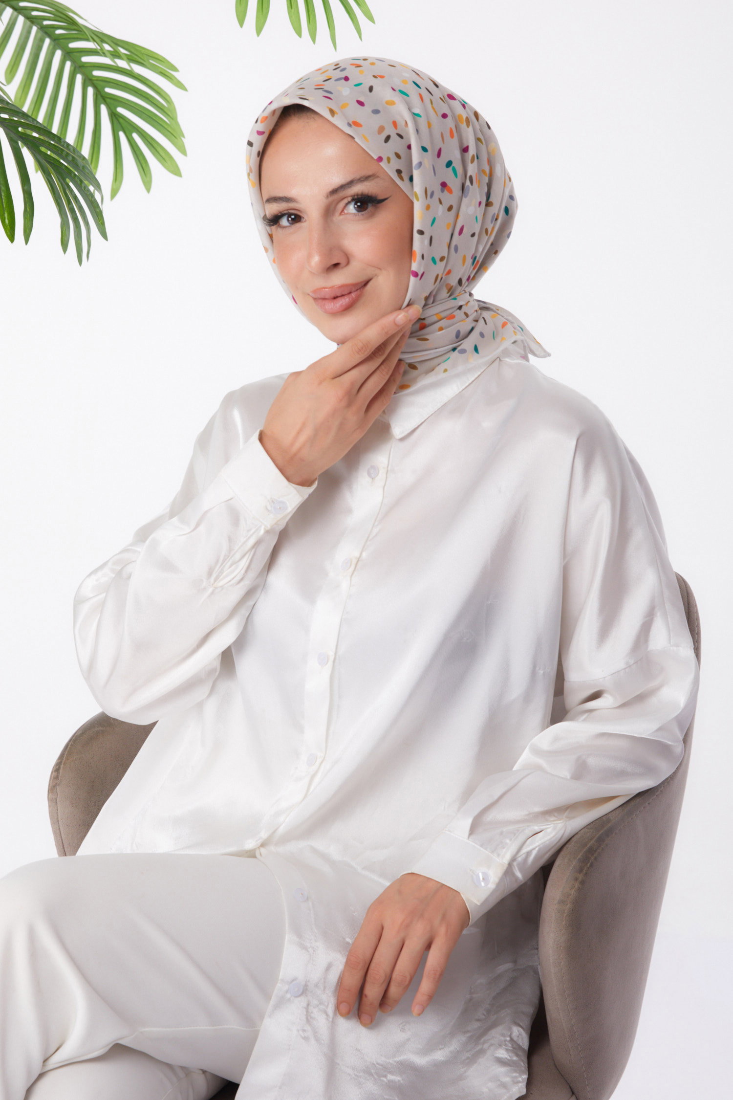 Düz Orta Kadın Ekru Desenli Eşarp - 25972 - 3