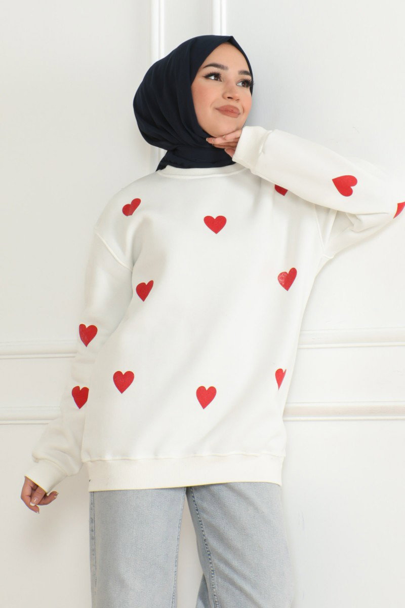 Düz Orta Kadın Ekru Kalpli Sweat - 26659 - 1