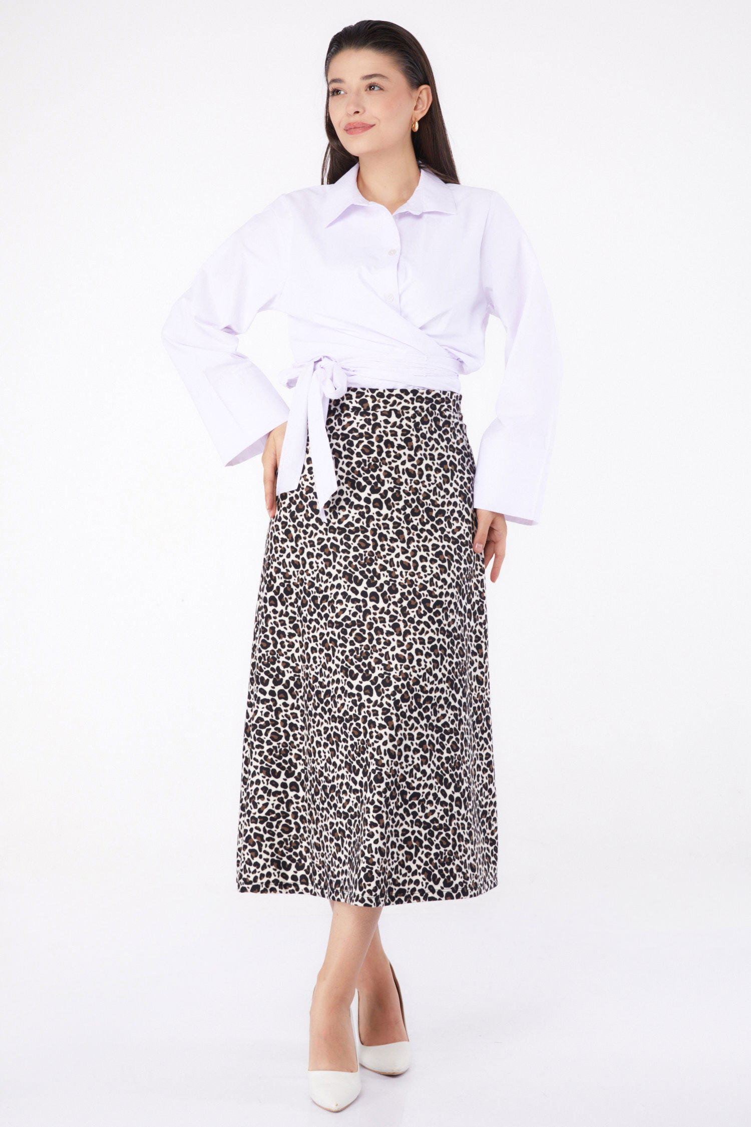 Düz Orta Kadın Ekru Leopar Desenli Etek - 26371 - 1