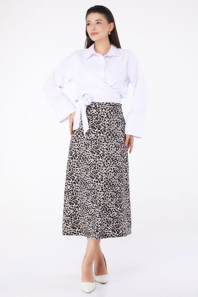 Düz Orta Kadın Ekru Leopar Desenli Etek - 26371 