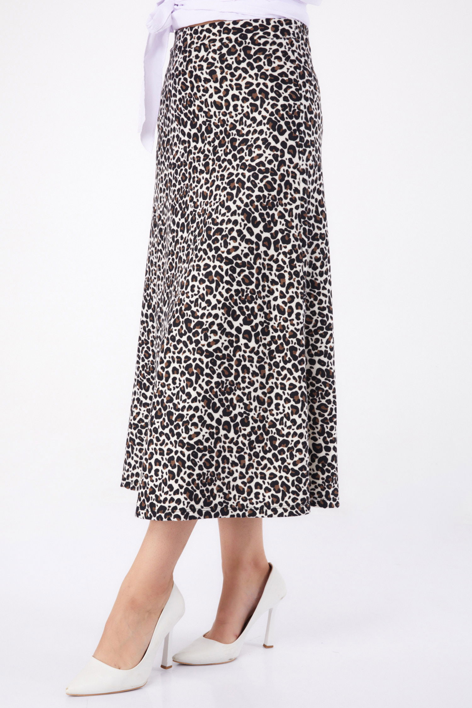 Düz Orta Kadın Ekru Leopar Desenli Etek - 26371 - 3