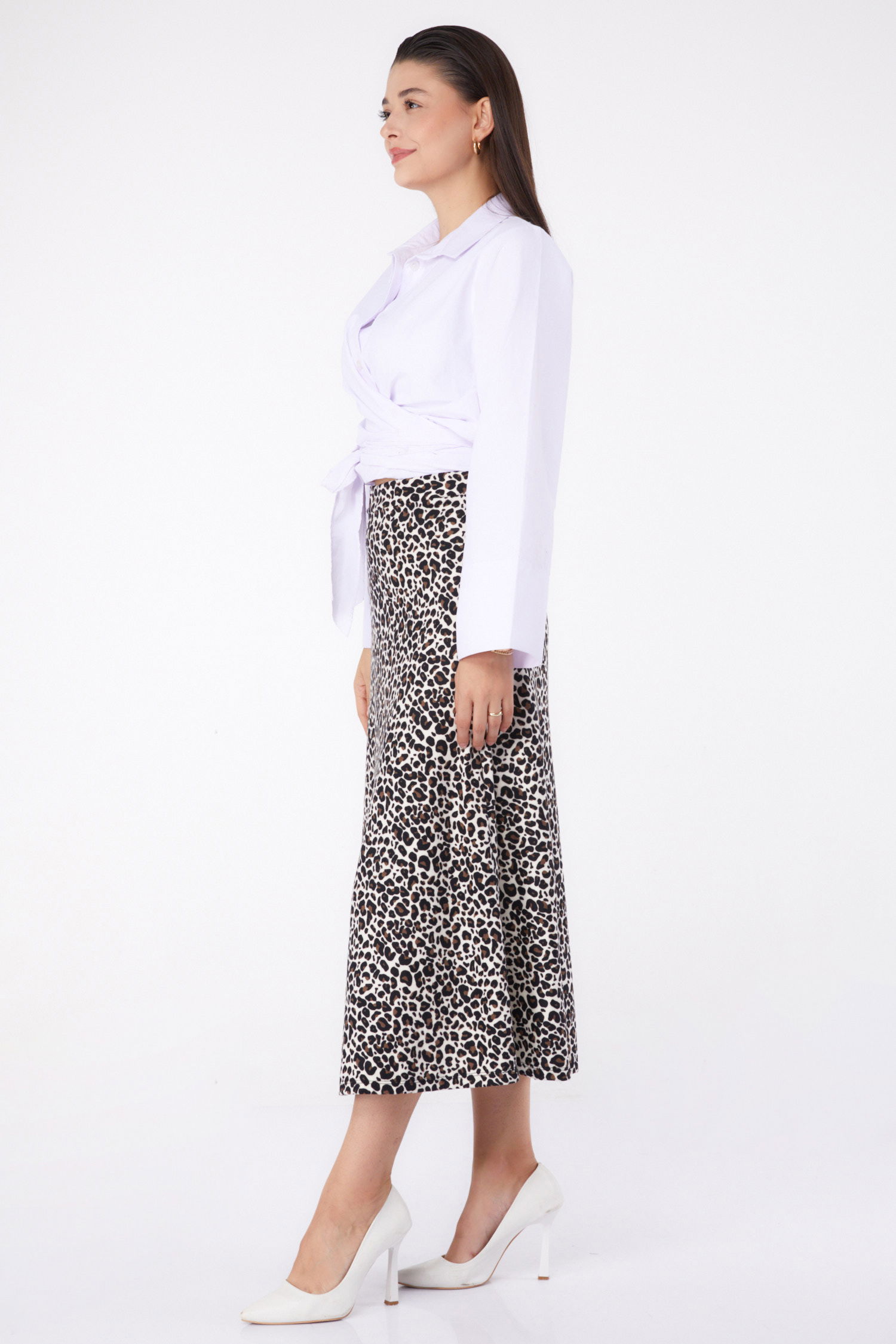 Düz Orta Kadın Ekru Leopar Desenli Etek - 26371 - 4