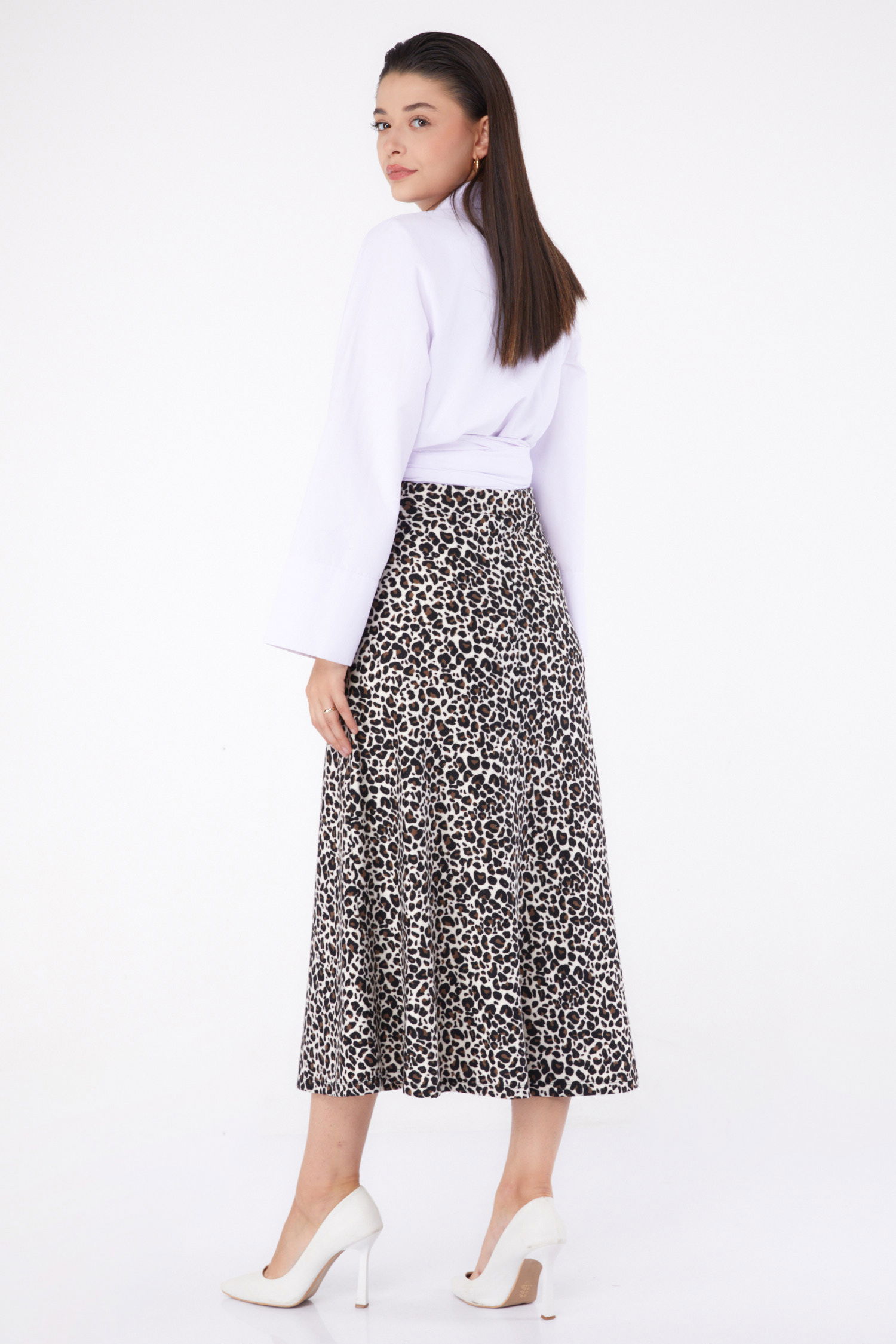 Düz Orta Kadın Ekru Leopar Desenli Etek - 26371 - 5