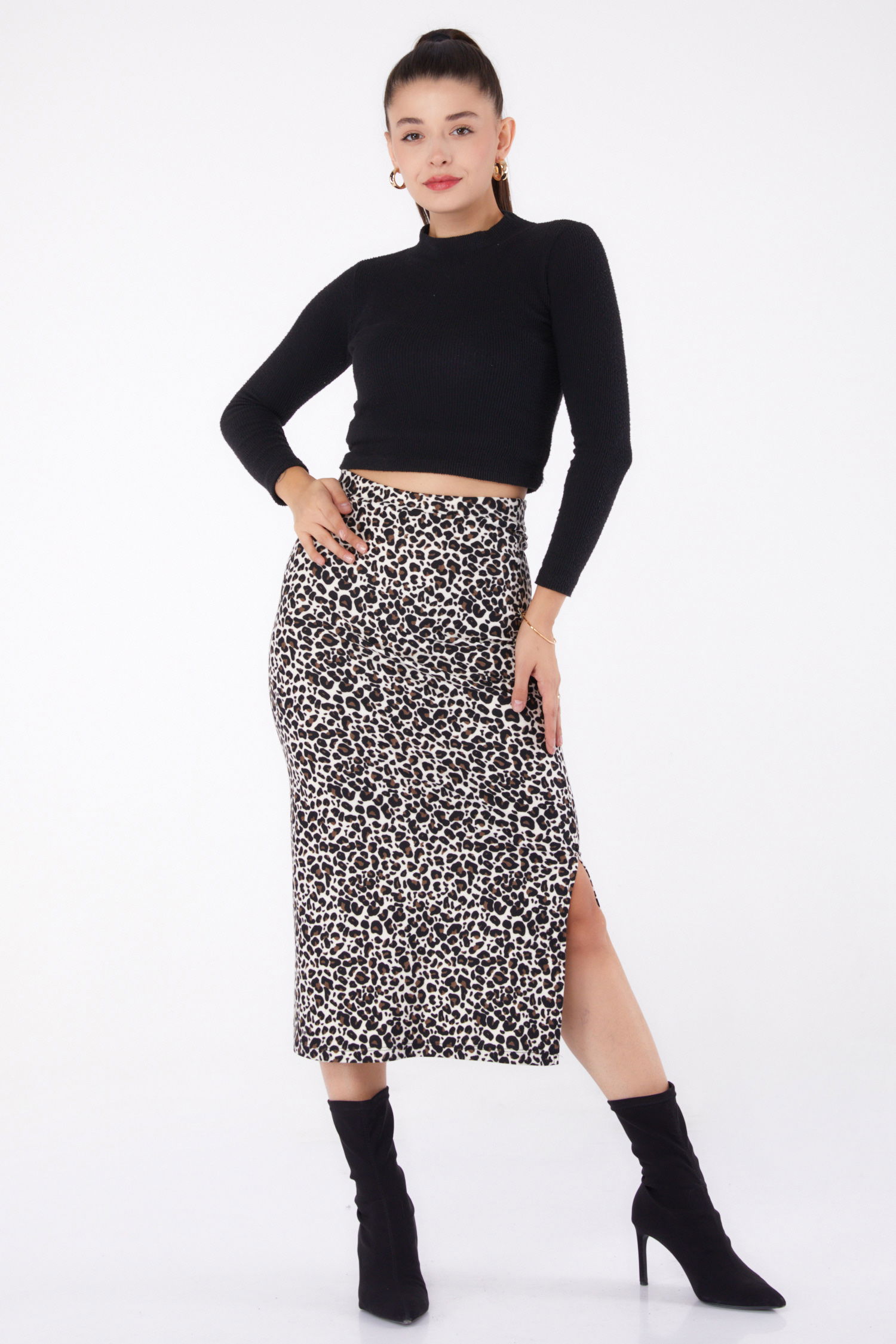 Leopar Desenli Yırtmaçlı Etek Ekru - 26320 - 1