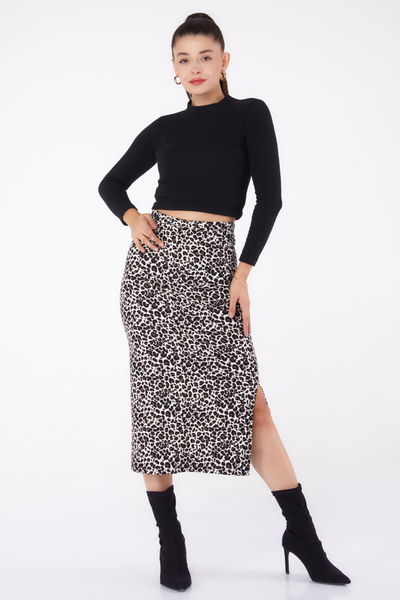 Leopar Desenli Yırtmaçlı Etek Ekru - 26320 