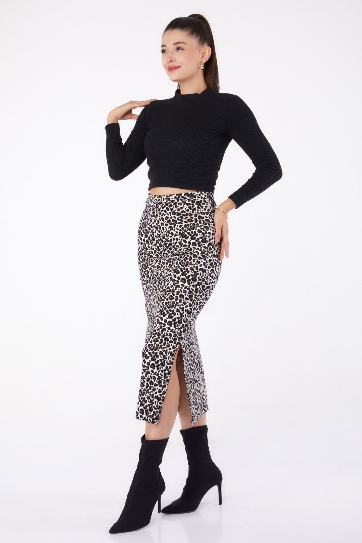 Leopar Desenli Yırtmaçlı Etek Ekru - 26320 - 2