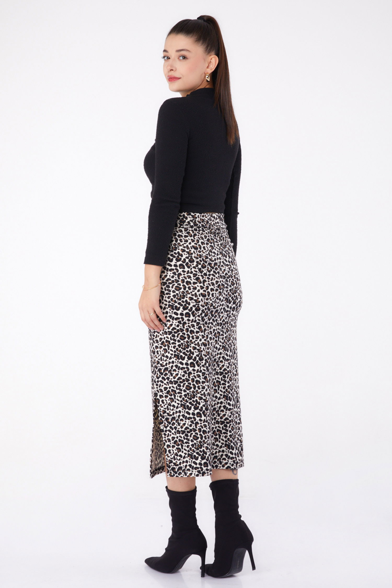 Leopar Desenli Yırtmaçlı Etek Ekru - 26320 - 5