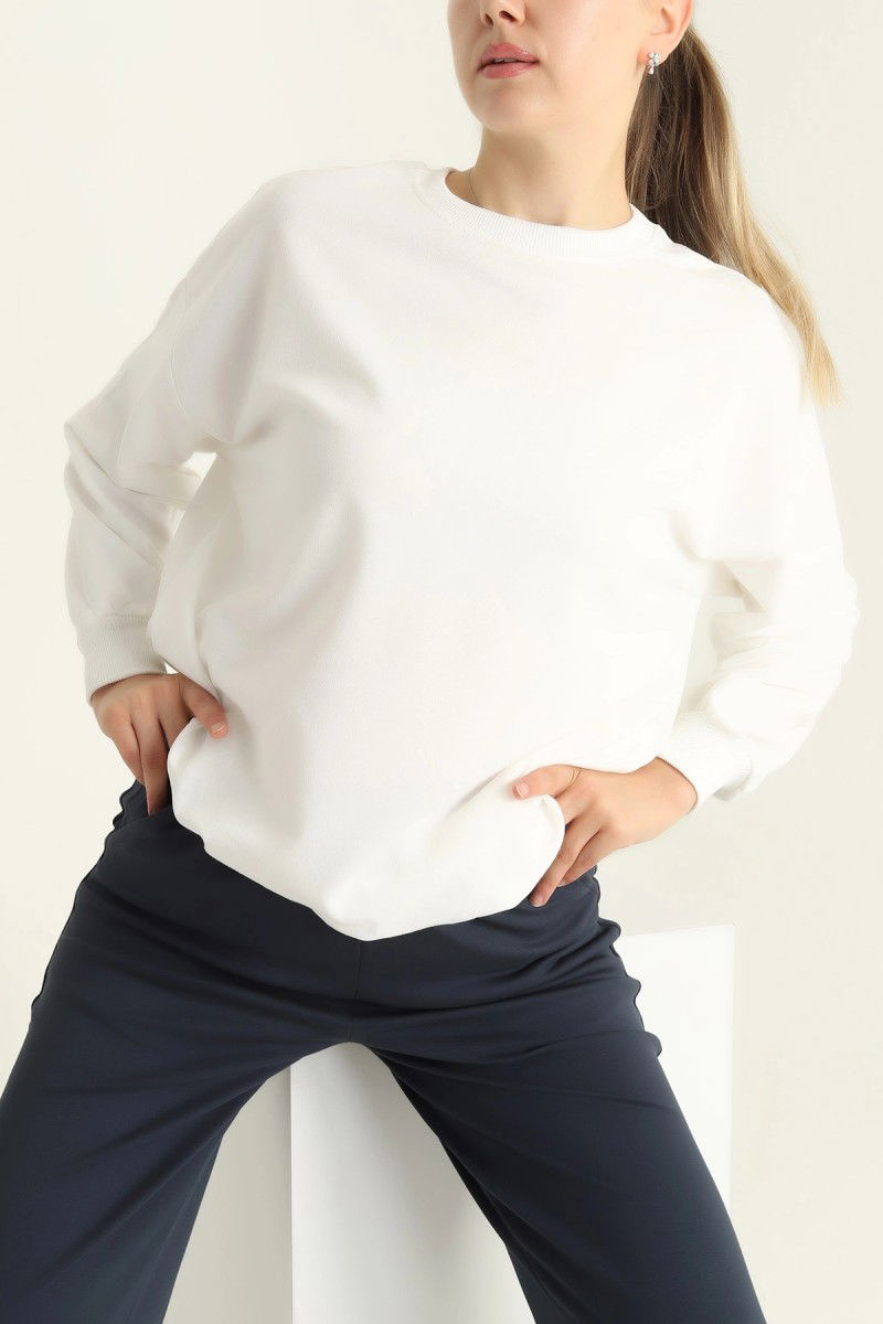 Düz Orta Kadın Ekru Sweatshirt - 26567 - 3