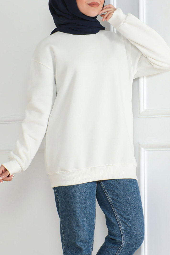 Kadın Bisiklet Yaka Salak Sweatshirt Ekru - 26617 - 1