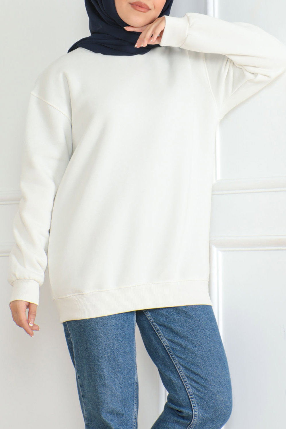 Kadın Bisiklet Yaka Salak Sweatshirt Ekru - 26617 - 2