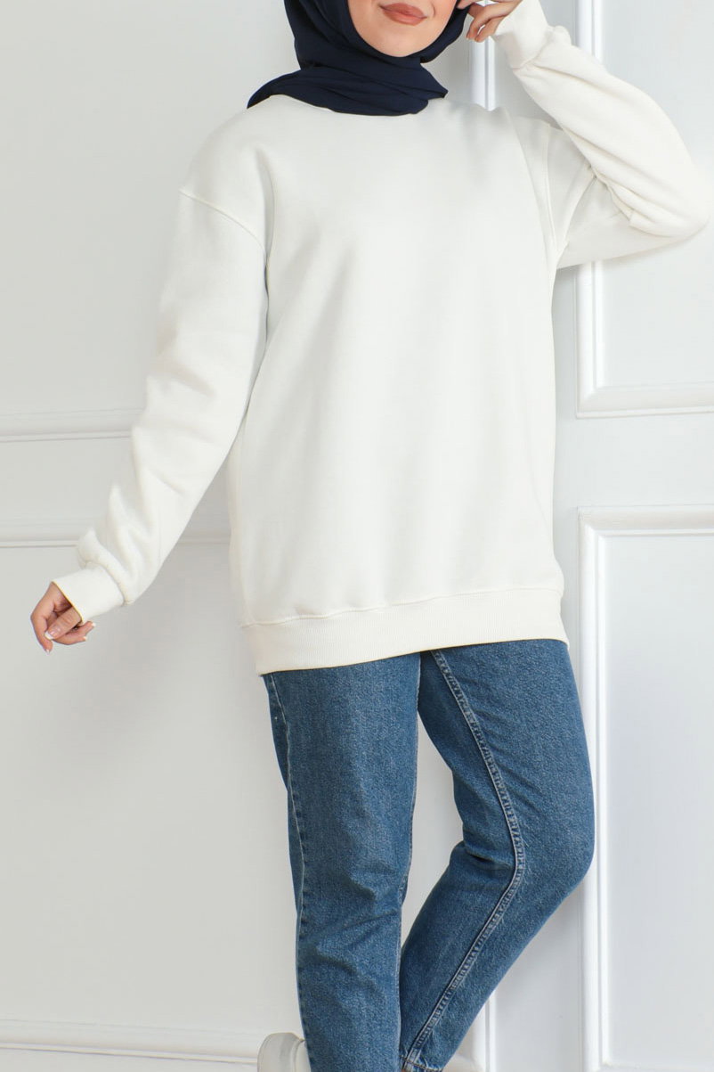 Kadın Bisiklet Yaka Salak Sweatshirt Ekru - 26617 - 3
