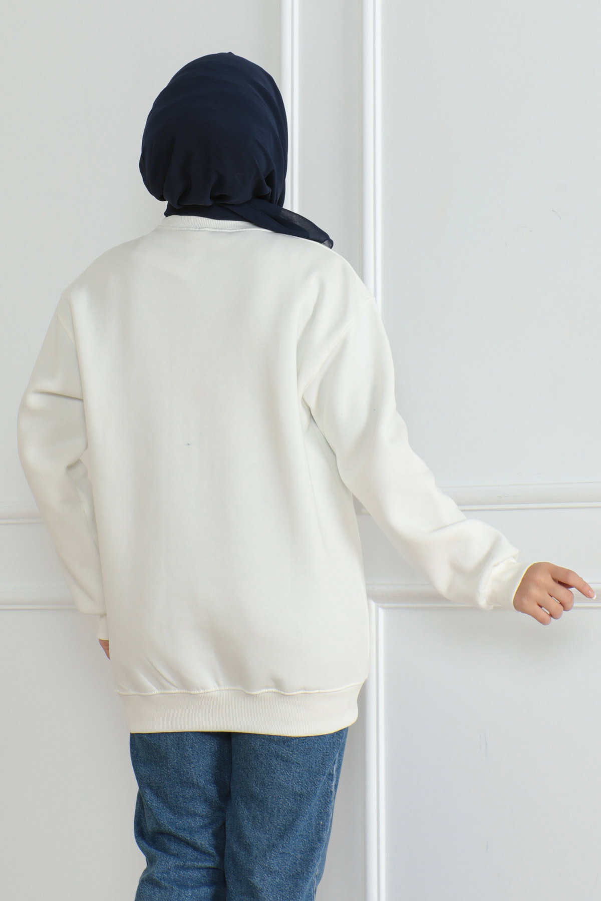 Kadın Bisiklet Yaka Salak Sweatshirt Ekru - 26617 - 4