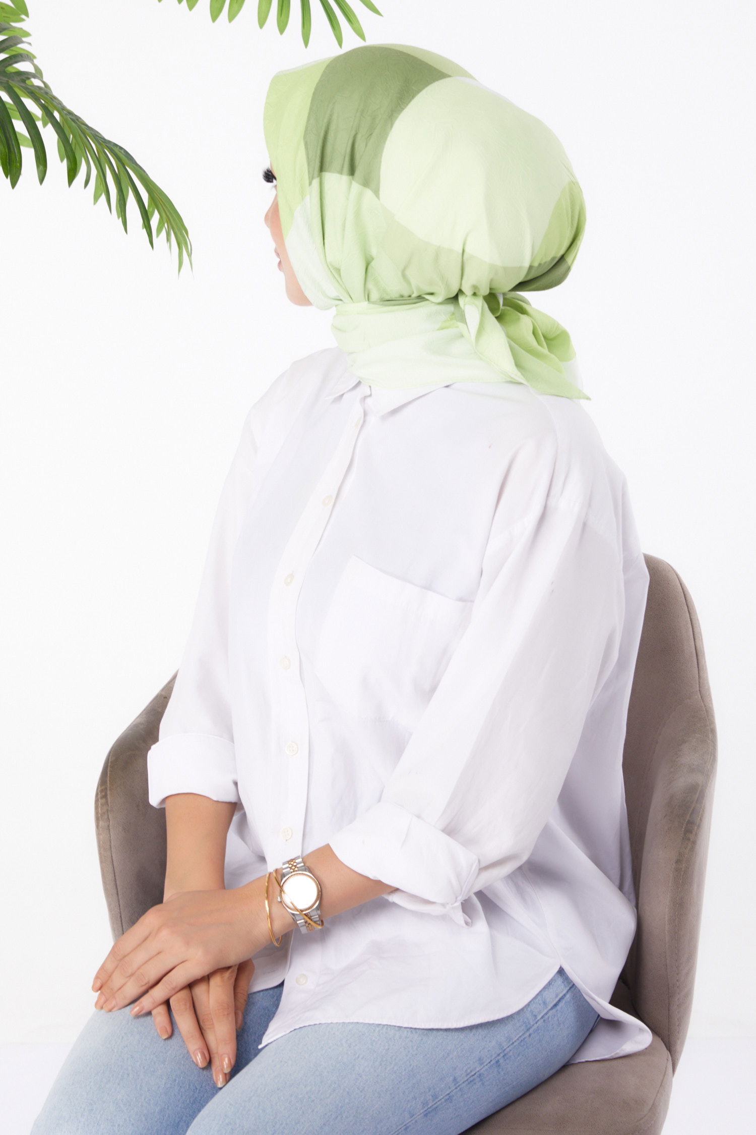 Düz Orta Kadın Fistik Yeşili Desenli Eşarp - 26148 - 3