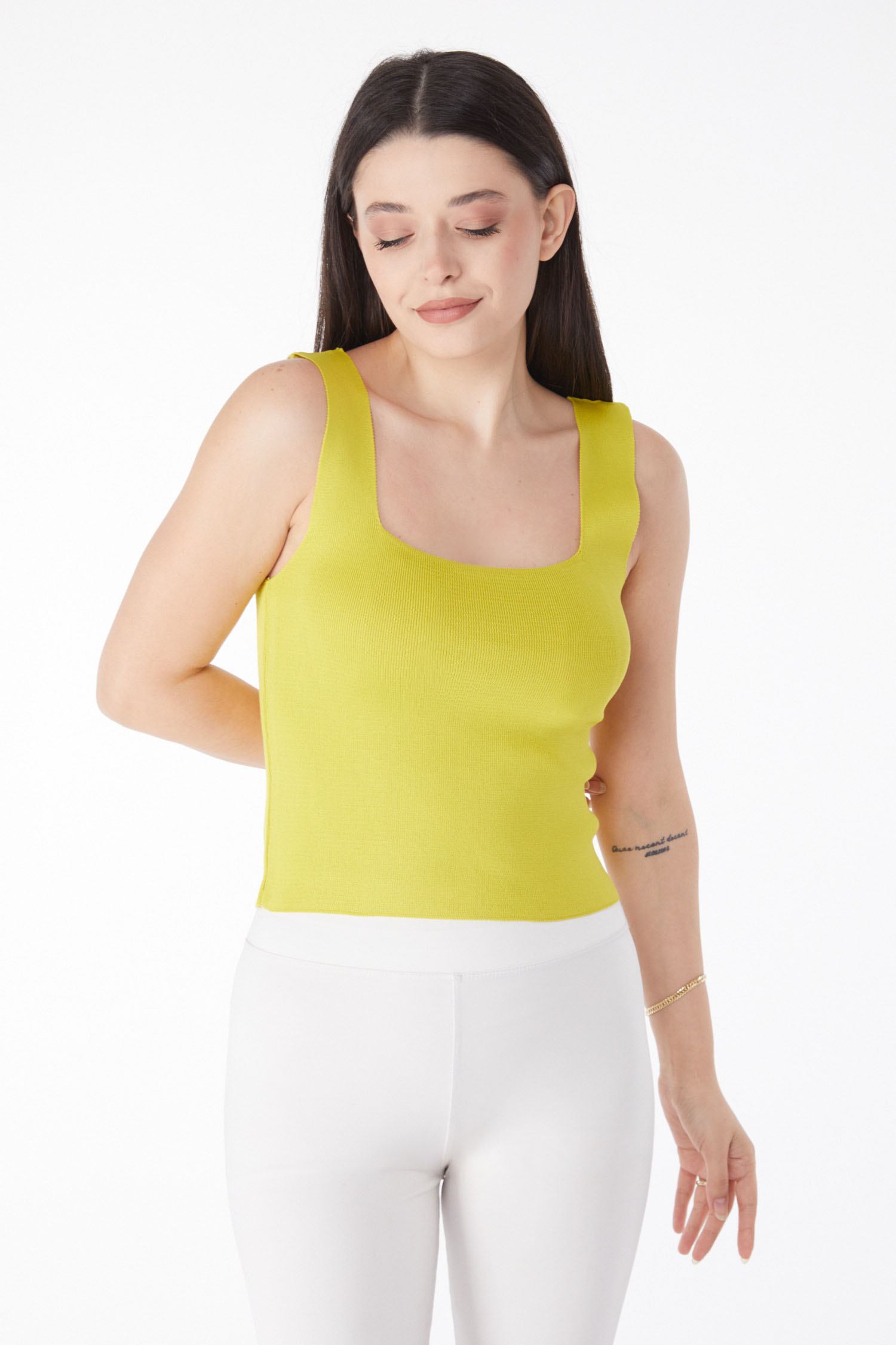 Düz Orta Kadın Fosfor Yeşili Yazlık Triko Crop - 25220 - 1