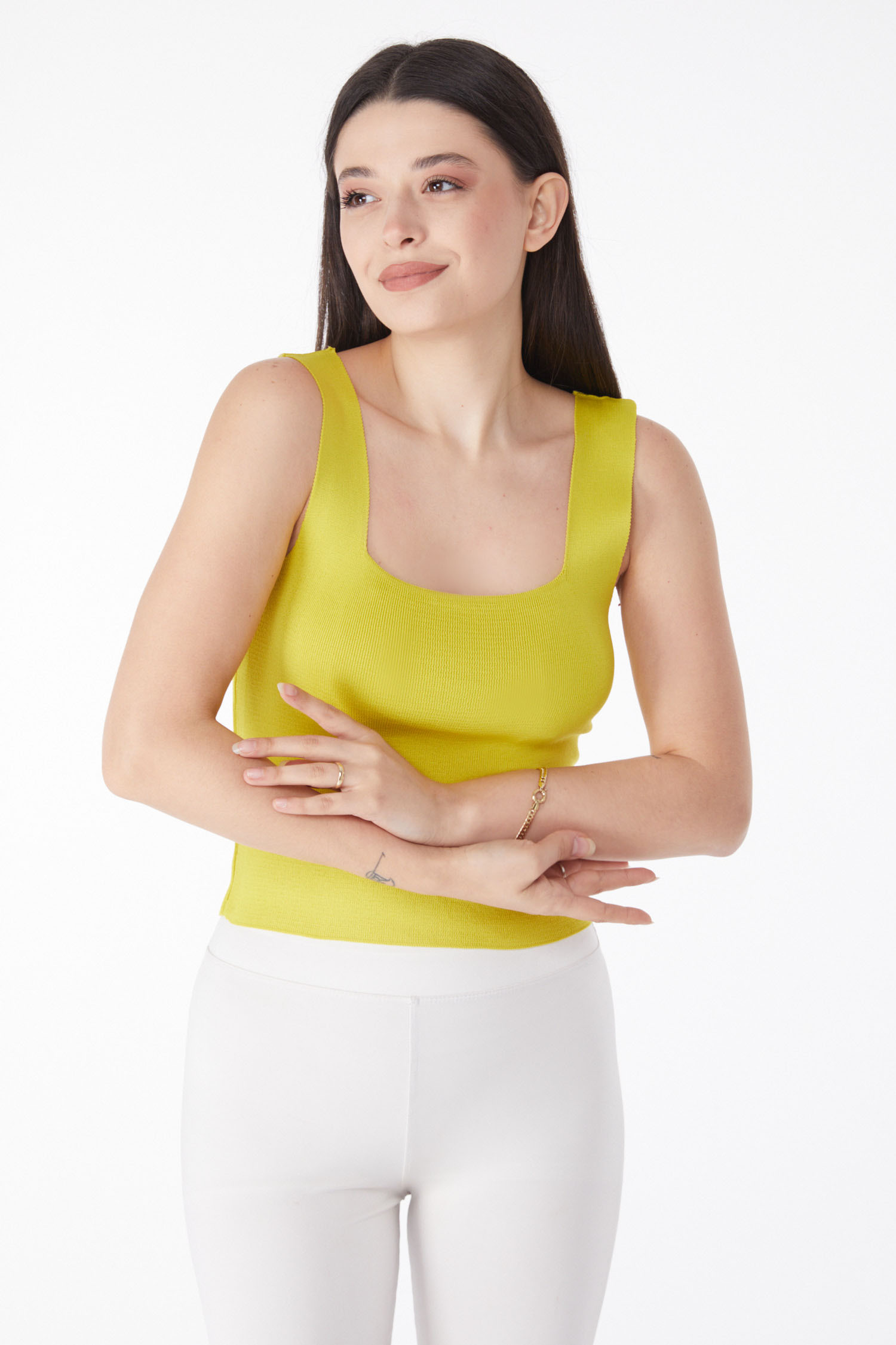Düz Orta Kadın Fosfor Yeşili Yazlık Triko Crop - 25220 - 3