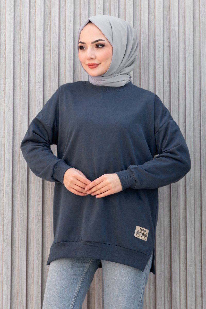 Düz Orta Kadın Füme Armalı Sweat - 26585 - 2