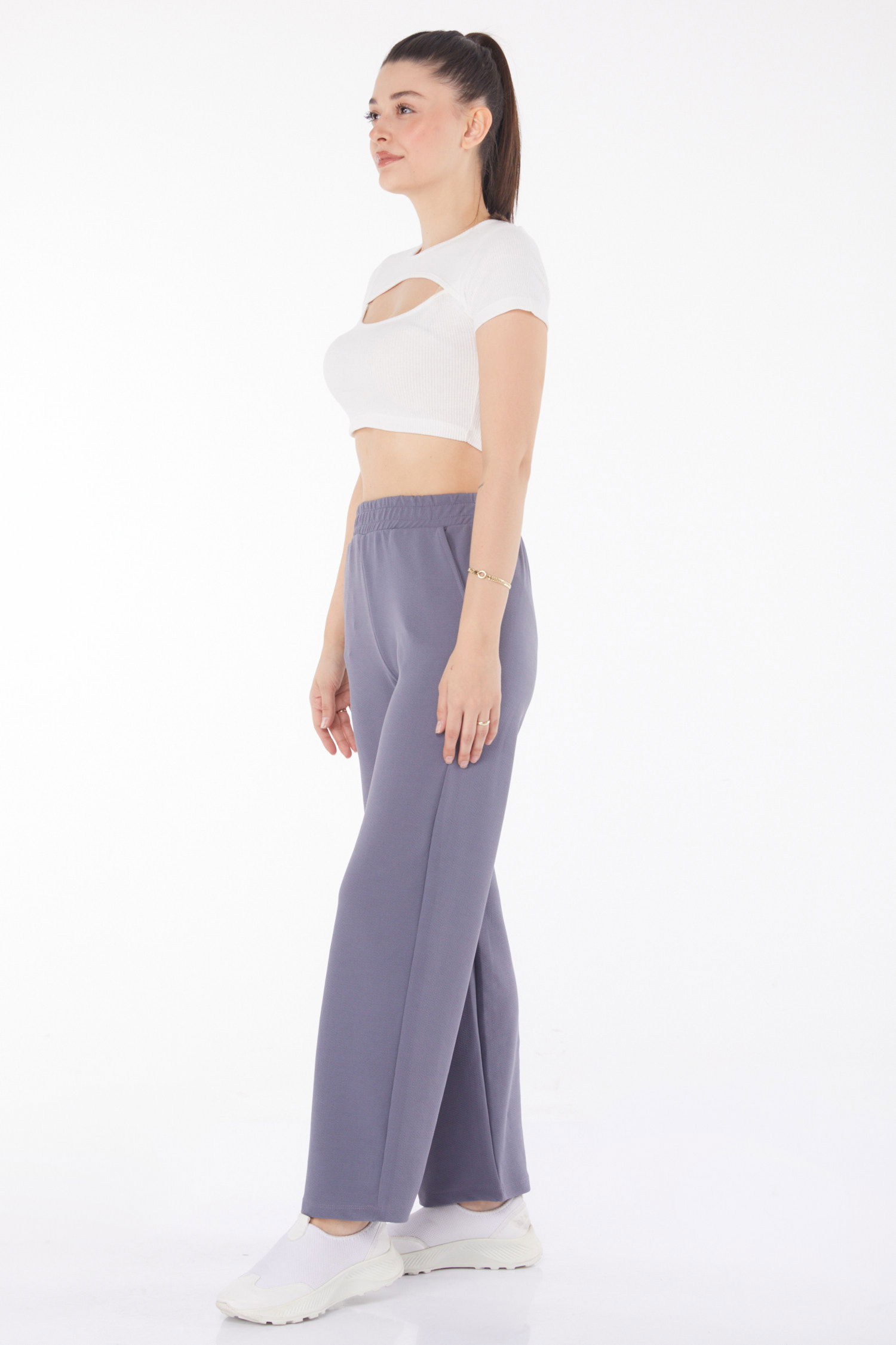 Düz Orta Kadın Füme Cepli Bol Pantolon - 25796 - 3