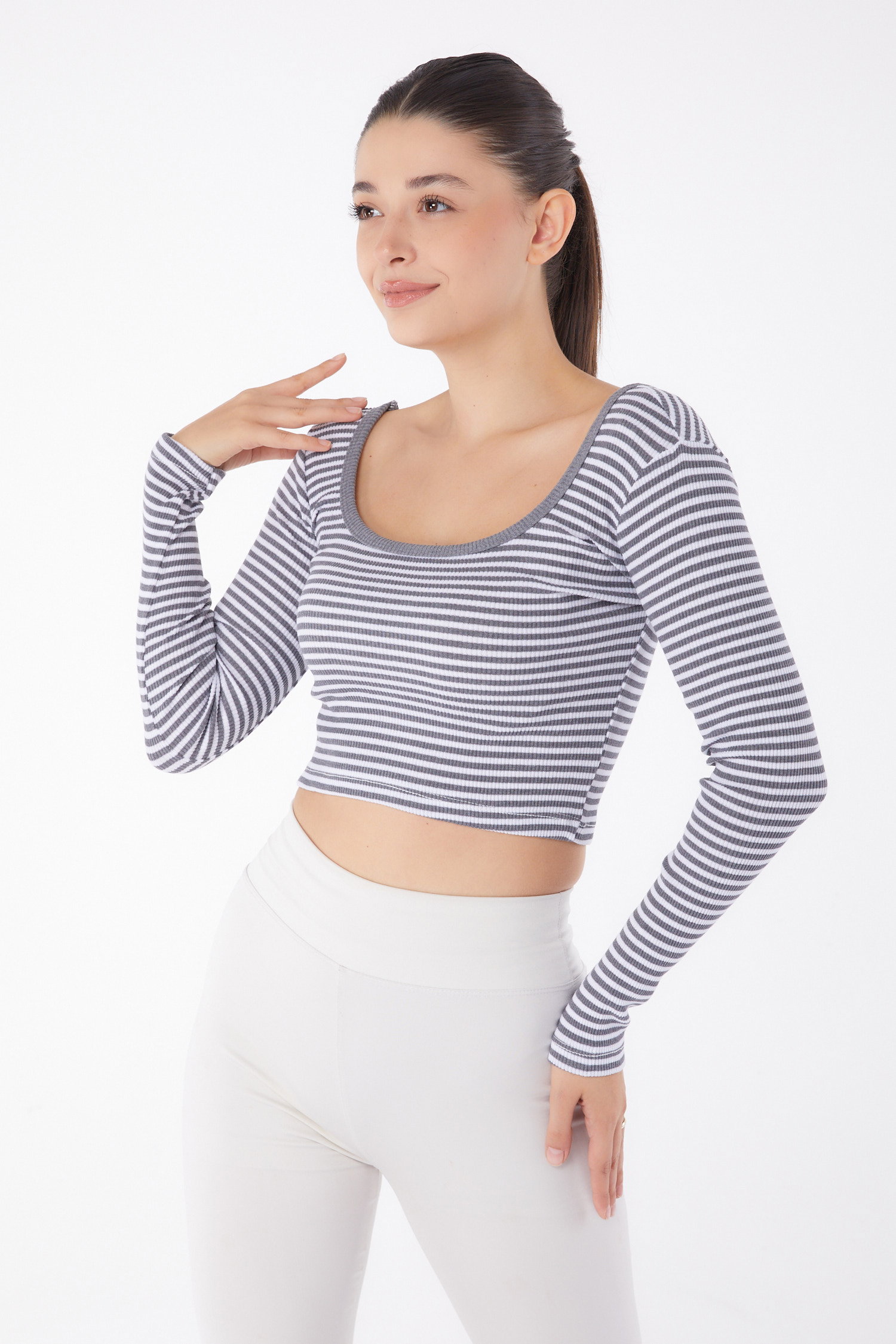 Düz Orta Kadın Füme Çizgili Crop - 26119 - 3