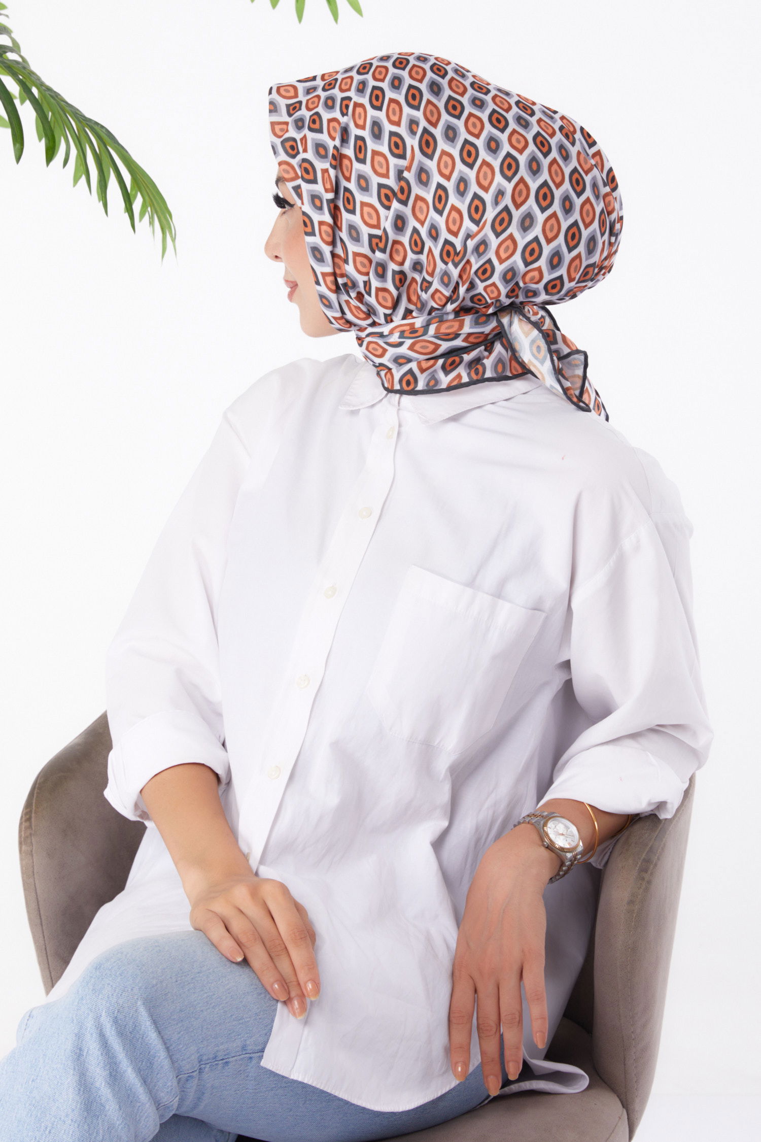 Düz Orta Kadın Füme Desenli Eşarp - 26151 - 3