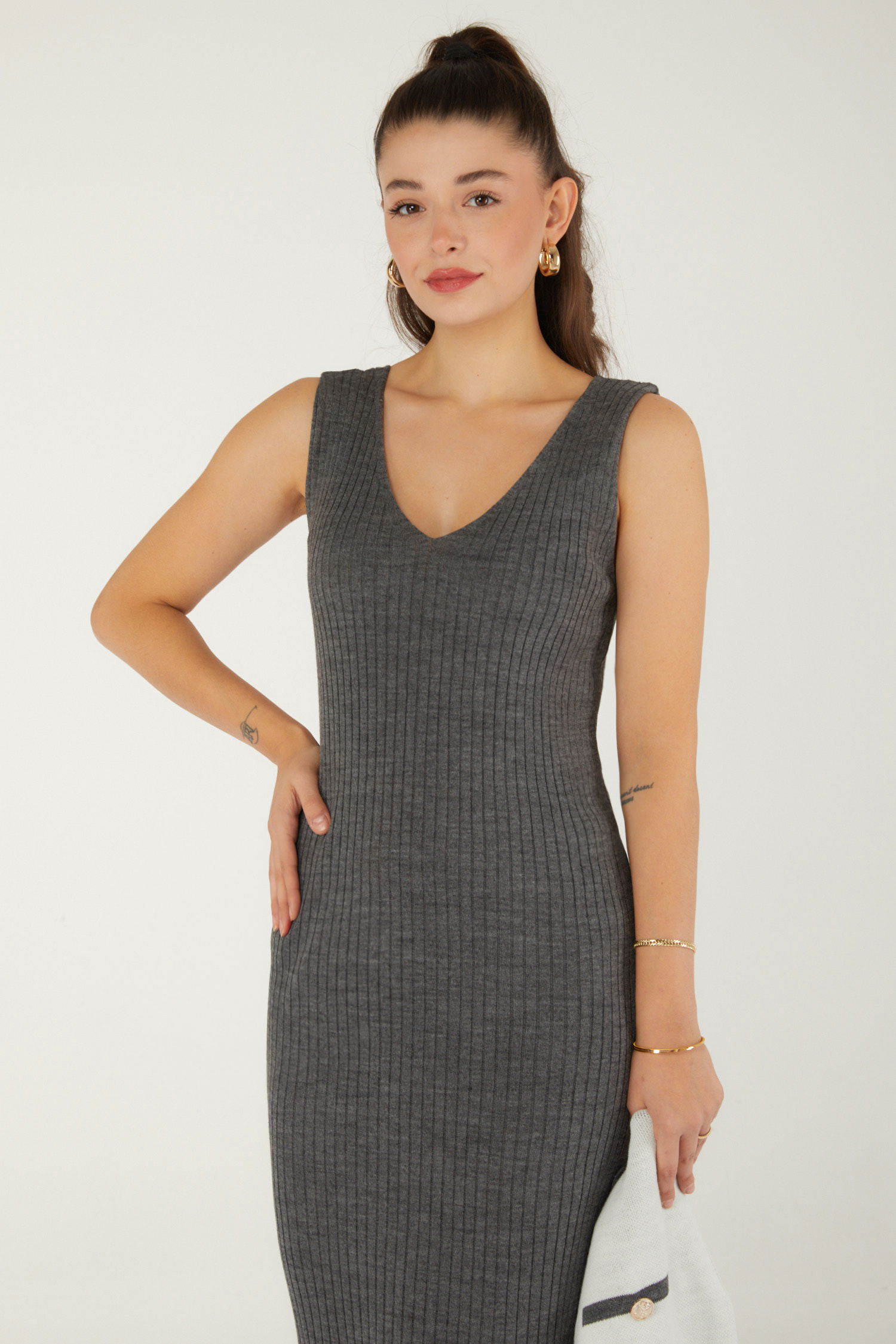 Düz Orta Kadın Füme Elbise Bolero Triko Takım - 26470 - 3