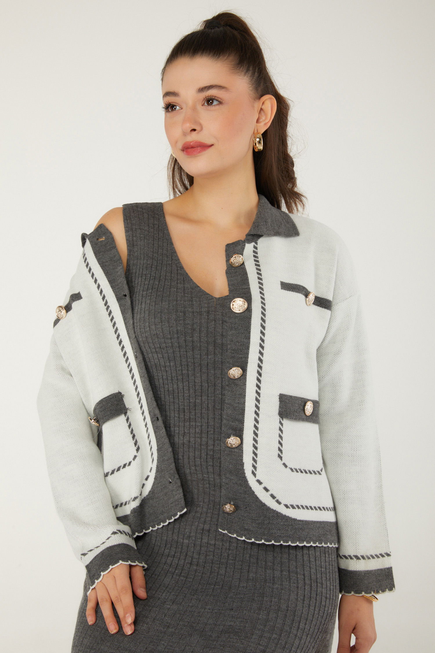 Düz Orta Kadın Füme Elbise Bolero Triko Takım - 26470 - 6