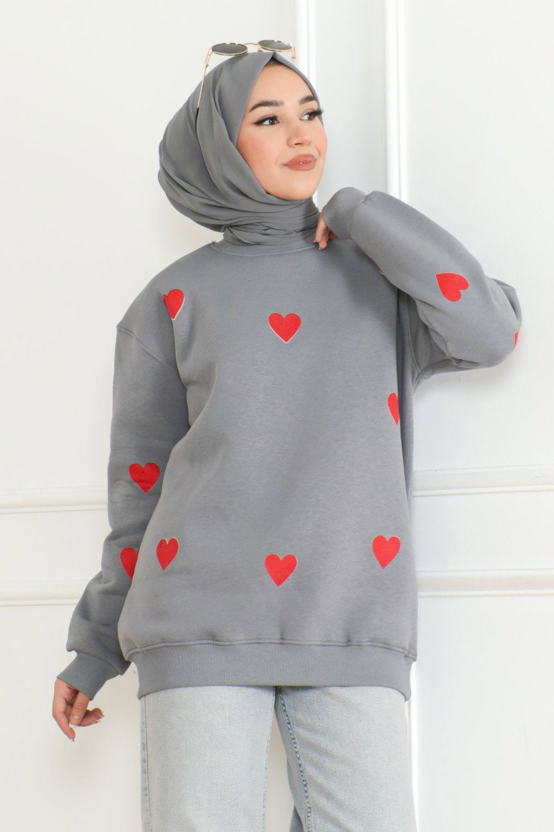 Kadın Üç İplik Bisiklet Yaka Kalpli Sweatshirt Füme - 26659 - 1