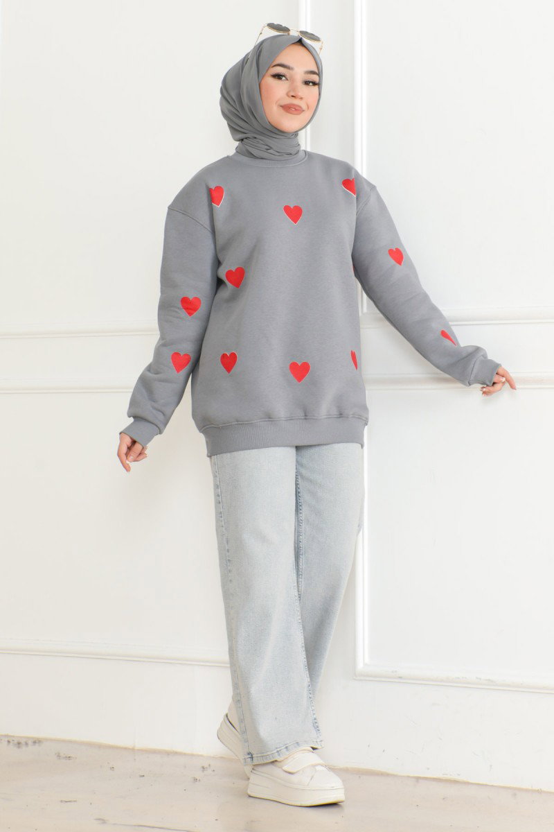 Kadın Üç İplik Bisiklet Yaka Kalpli Sweatshirt Füme - 26659 - 2