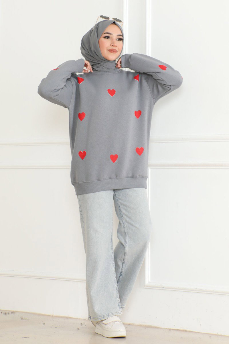 Kadın Üç İplik Bisiklet Yaka Kalpli Sweatshirt Füme - 26659 - 3