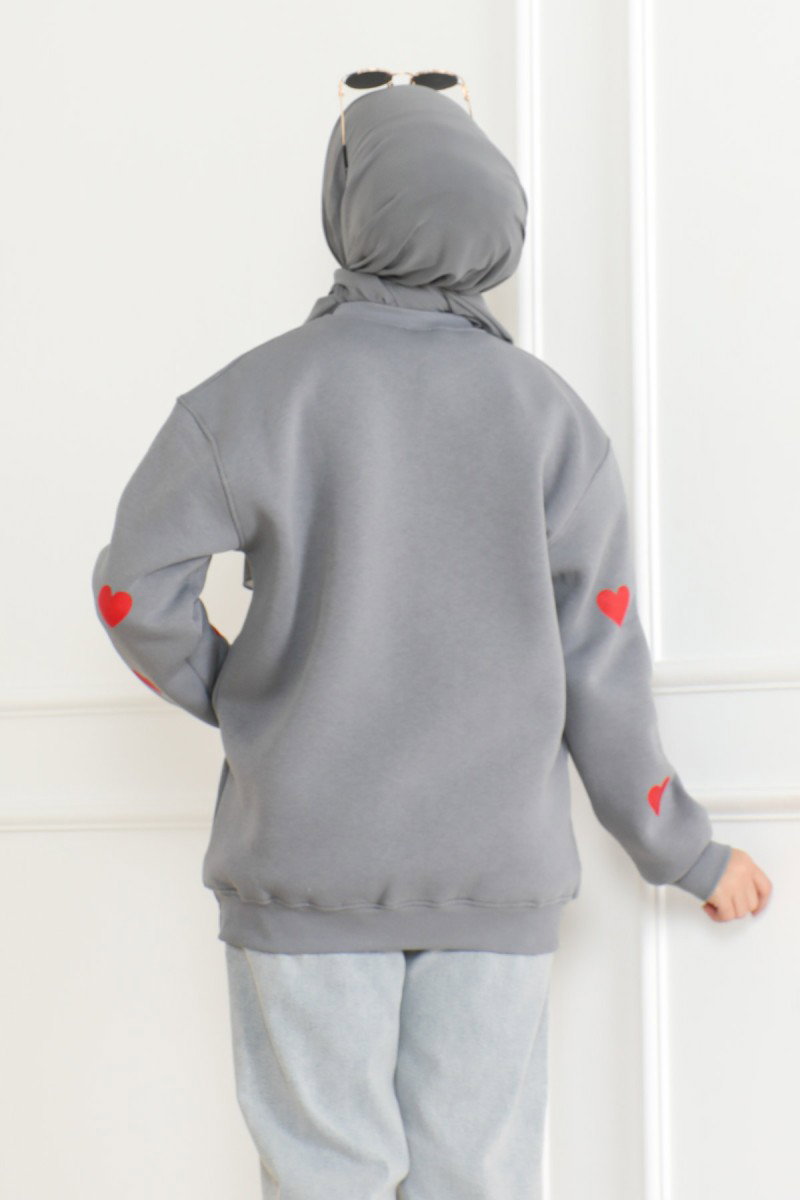 Kadın Üç İplik Bisiklet Yaka Kalpli Sweatshirt Füme - 26659 - 4