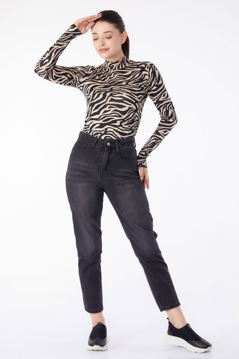 Kot Pantolon Yüksek Bel Mom Jeans Füme - 25178 - TOFİSA