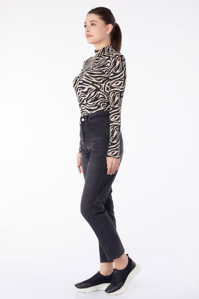 Kot Pantolon Yüksek Bel Mom Jeans Füme - 25178 - TOFİSA