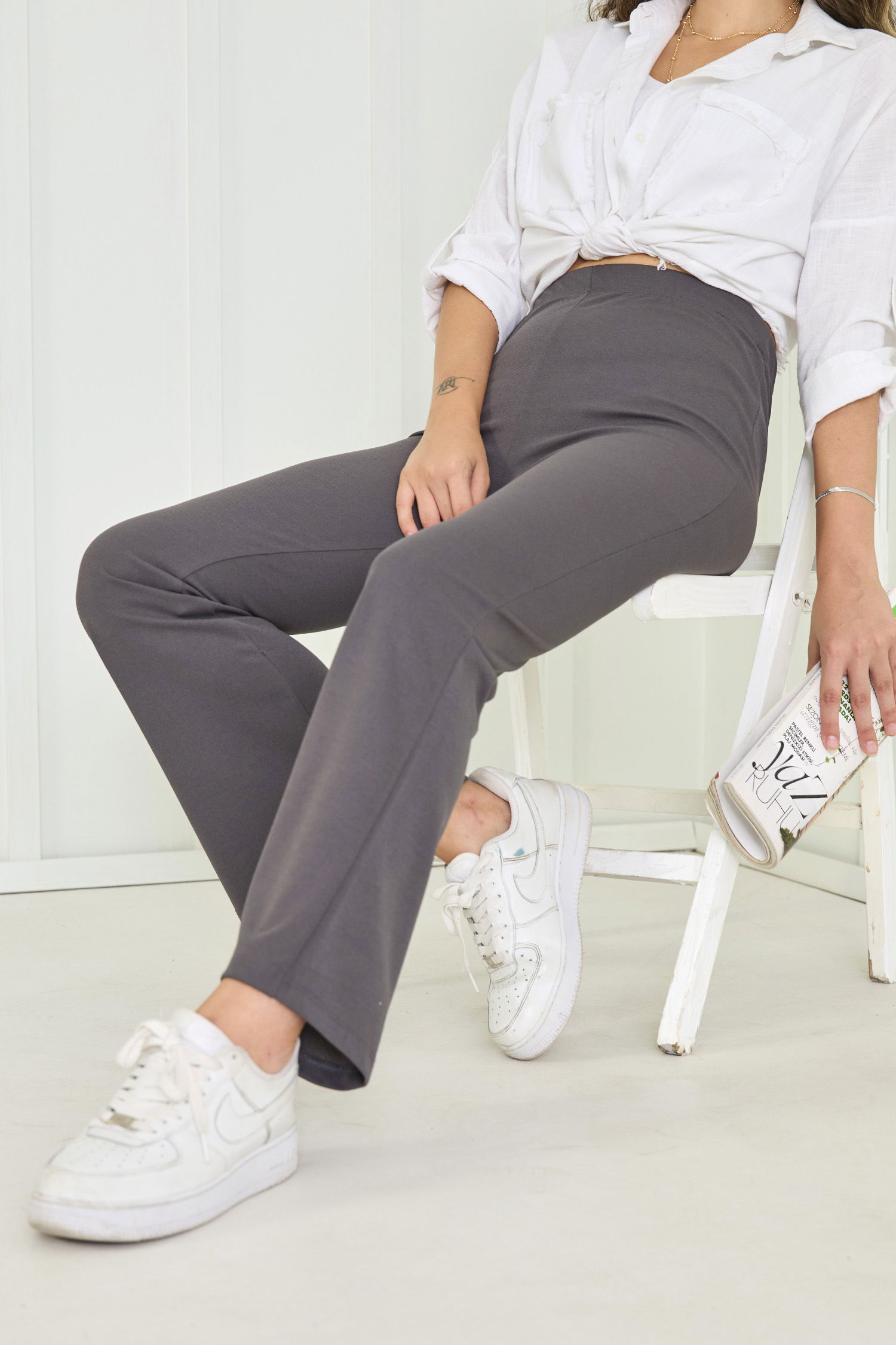 Düz Orta Kadın Füme PANTOLON - 26262 - 2