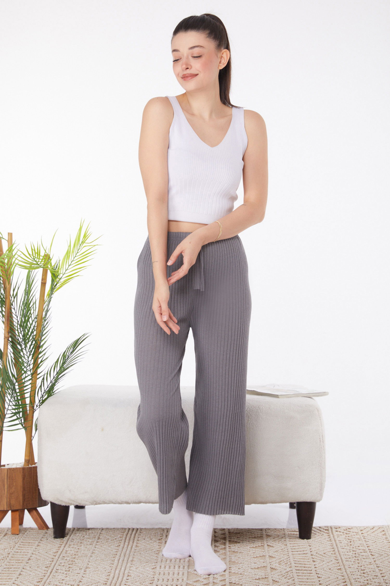 Düz Orta Kadın Füme Pijama Altı - 25855 - 2